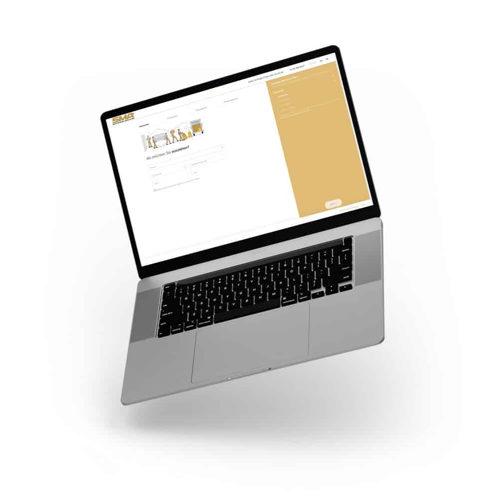 Laptop displaying SMA moving services website, online moving quote form and digital interface for moving solutions.